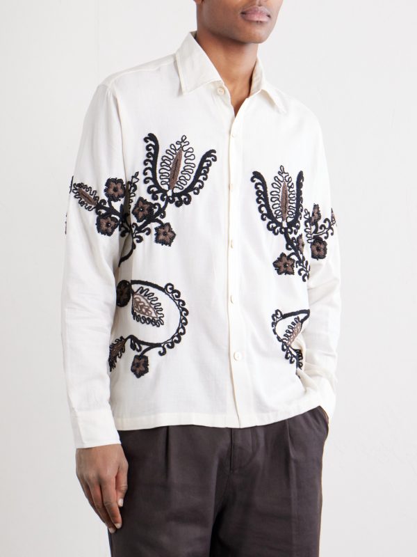 Bead-Embellished Embroidered Cotton-Poplin Shirt - FR