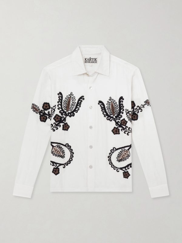 Bead-Embellished Embroidered Cotton-Poplin Shirt