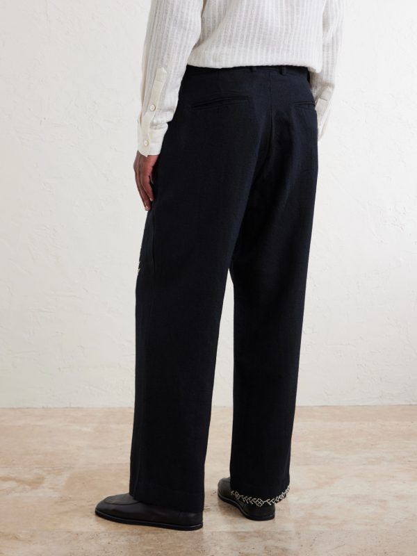 Straight-Leg Pleated Embroidered Wool Trousers - BK