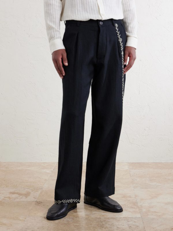 Straight-Leg Pleated Embroidered Wool Trousers - FR