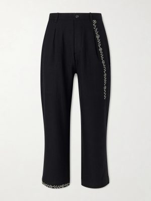 Straight-Leg Pleated Embroidered Wool Trousers Straight-Leg Pleated Embroidered Wool Trousers