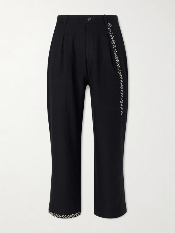 Straight-Leg Pleated Embroidered Wool Trousers
