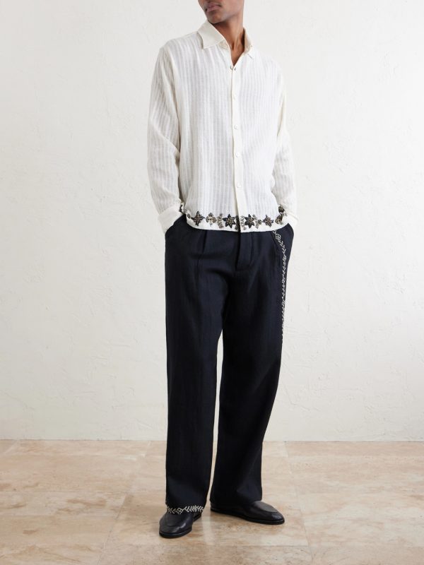 Straight-Leg Pleated Embroidered Wool Trousers - OU