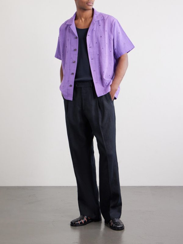 Camp-Collar Embellished Cotton Shirt - OU Camp-Collar Embellished Cotton Shirt - OU