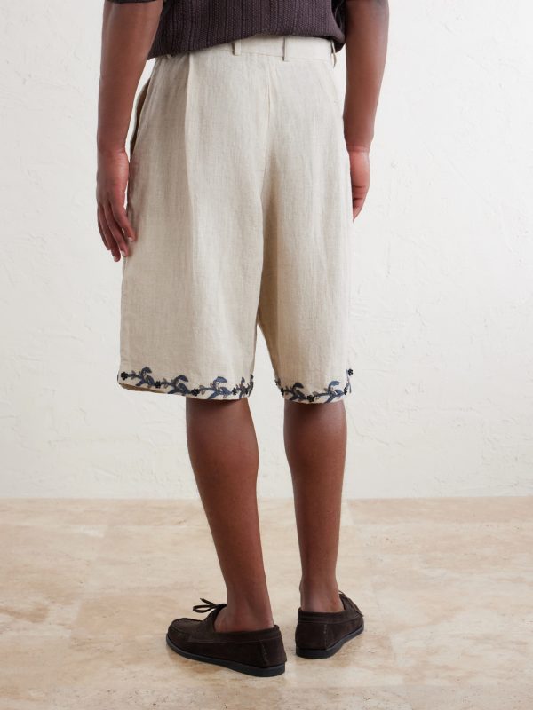 Straight-Leg Pleated Embroidered Linen Shorts - BK Straight-Leg Pleated Embroidered Linen Shorts - BK
