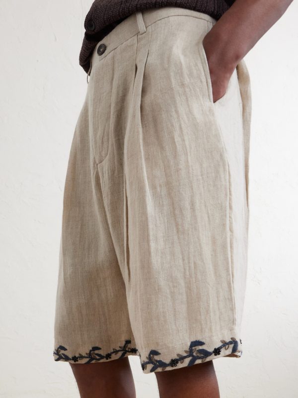 Straight-Leg Pleated Embroidered Linen Shorts - CU Straight-Leg Pleated Embroidered Linen Shorts - CU
