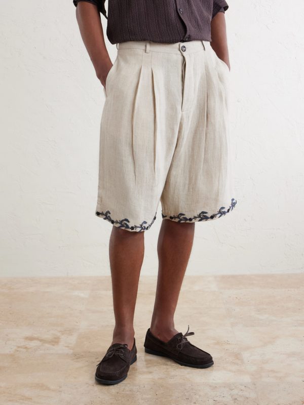 Straight-Leg Pleated Embroidered Linen Shorts - FR Straight-Leg Pleated Embroidered Linen Shorts - FR