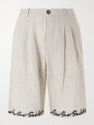 Straight-Leg Pleated Embroidered Linen Shorts
