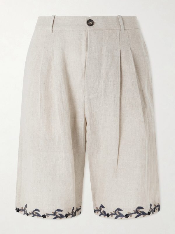 Straight-Leg Pleated Embroidered Linen Shorts Straight-Leg Pleated Embroidered Linen Shorts