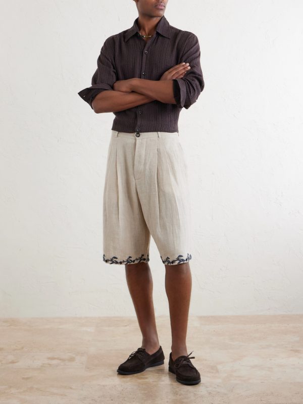 Straight-Leg Pleated Embroidered Linen Shorts - OU Straight-Leg Pleated Embroidered Linen Shorts - OU