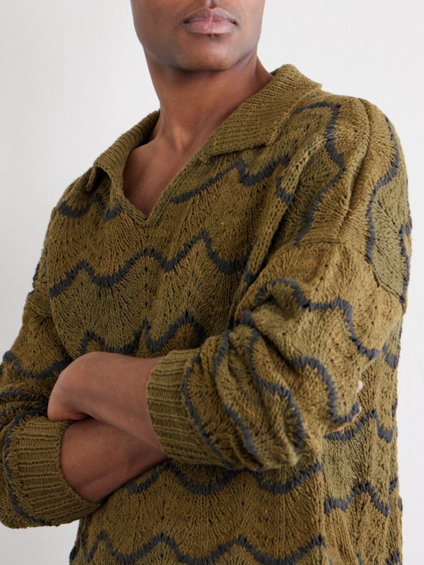 Striped Knitted Cotton Polo Sweater - CU Striped Knitted Cotton Polo Sweater - CU