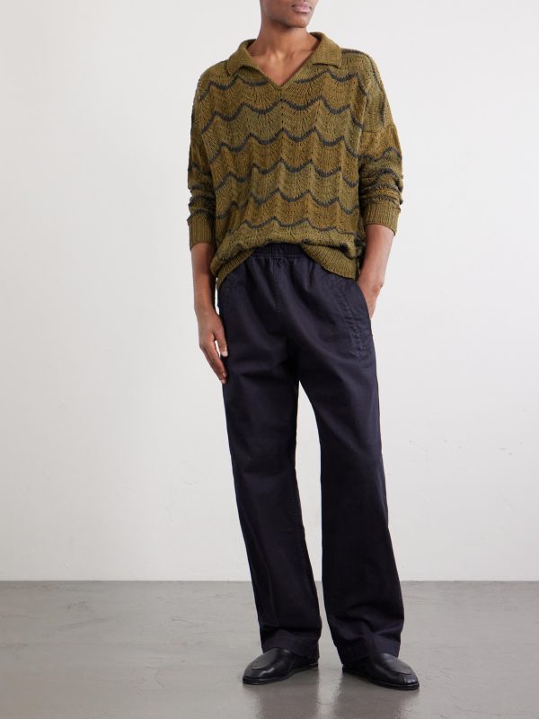Striped Knitted Cotton Polo Sweater - OU Striped Knitted Cotton Polo Sweater - OU