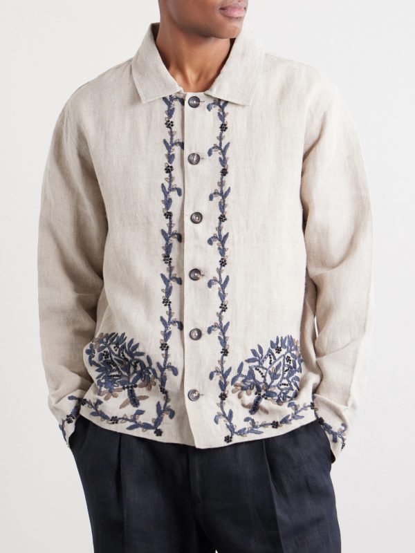 Bead-embellished Embroidered Linen Jacket - FR
