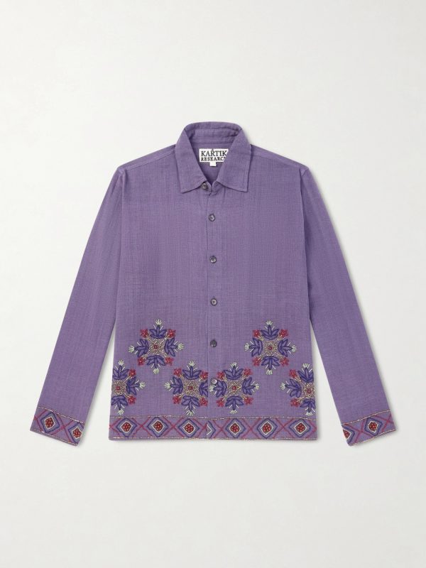 Bead-Embellished Embroidered Cotton Shirt