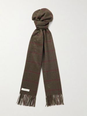 Logo-Embroidered Frayed Prince of Wales Checked Cashmere Scarf