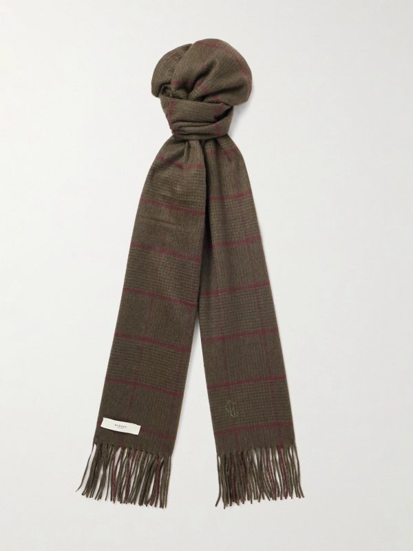 Logo-Embroidered Frayed Prince of Wales Checked Cashmere Scarf Logo-Embroidered Frayed Prince of Wales Checked Cashmere Scarf