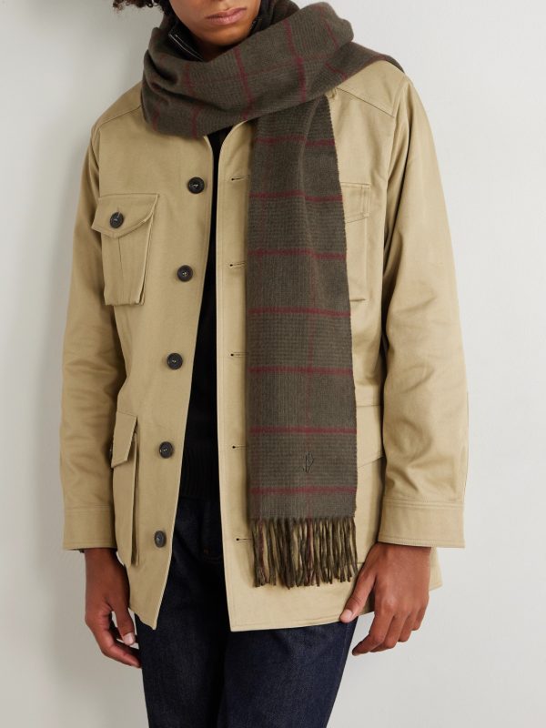 Logo-Embroidered Frayed Prince of Wales Checked Cashmere Scarf - OU Logo-Embroidered Frayed Prince of Wales Checked Cashmere Scarf - OU