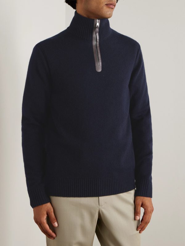 Leather-Trimmed Cashmere Half-Zip Sweater - FR Leather-Trimmed Cashmere Half-Zip Sweater - FR