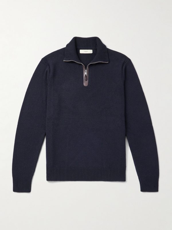 Leather-Trimmed Cashmere Half-Zip Sweater Leather-Trimmed Cashmere Half-Zip Sweater