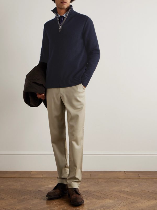 Leather-Trimmed Cashmere Half-Zip Sweater - OU Leather-Trimmed Cashmere Half-Zip Sweater - OU