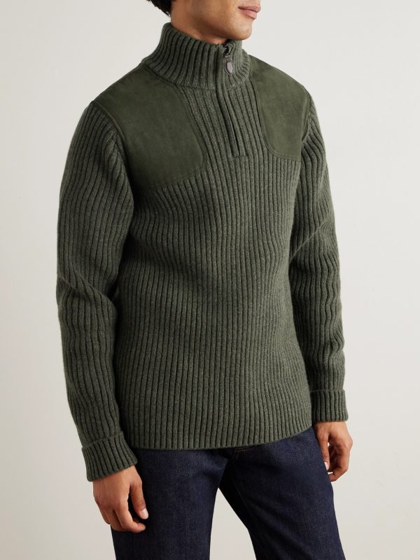 Commando Suede-Trimmed Ribbed Wool Half-Zip Sweater - FR Commando Suede-Trimmed Ribbed Wool Half-Zip Sweater - FR