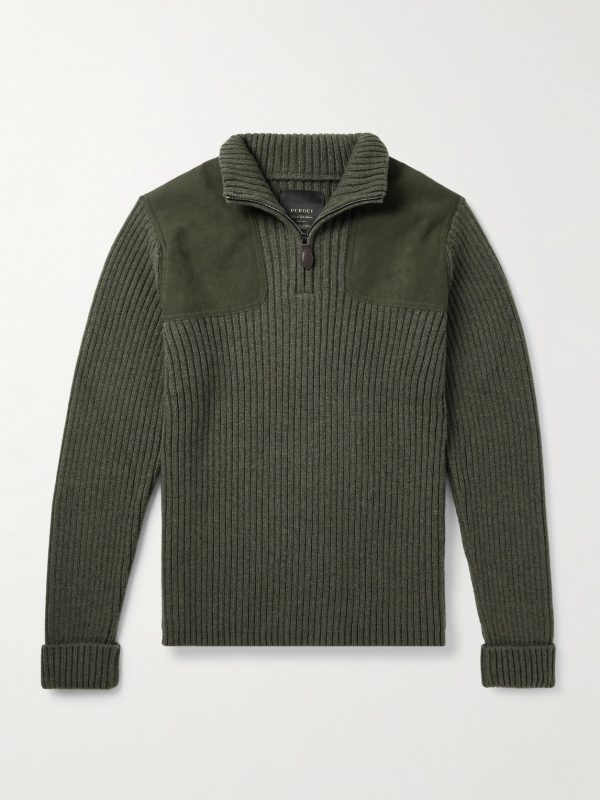 Commando Suede-Trimmed Ribbed Wool Half-Zip Sweater Commando Suede-Trimmed Ribbed Wool Half-Zip Sweater