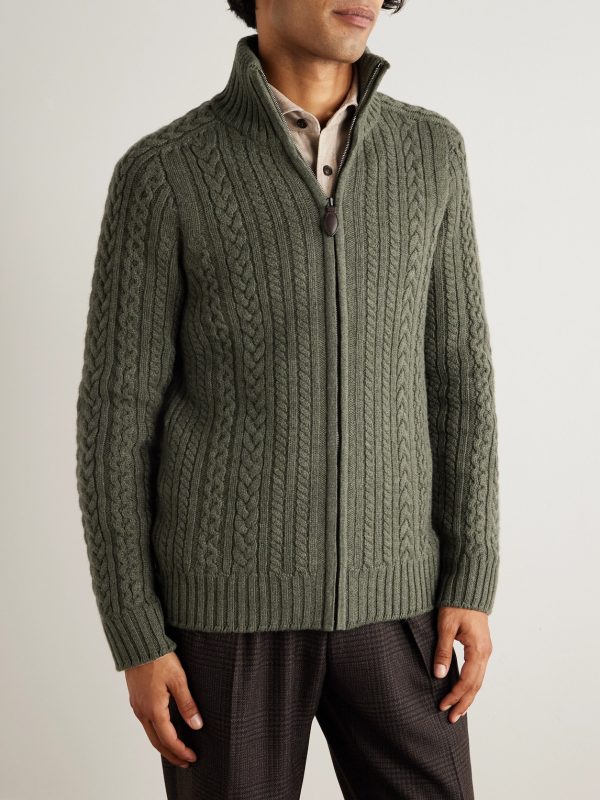 Burlington Cable-Knit Wool and Cashmere Zip-Up Cardigan - FR Burlington Cable-Knit Wool and Cashmere Zip-Up Cardigan - FR
