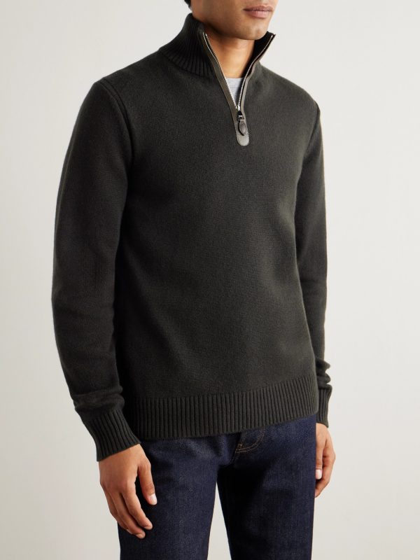 Leather-Trimmed Cashmere Half-Zip Sweater - FR Leather-Trimmed Cashmere Half-Zip Sweater - FR
