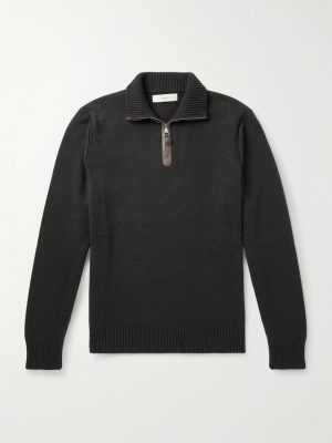 Leather-Trimmed Cashmere Half-Zip Sweater Leather-Trimmed Cashmere Half-Zip Sweater