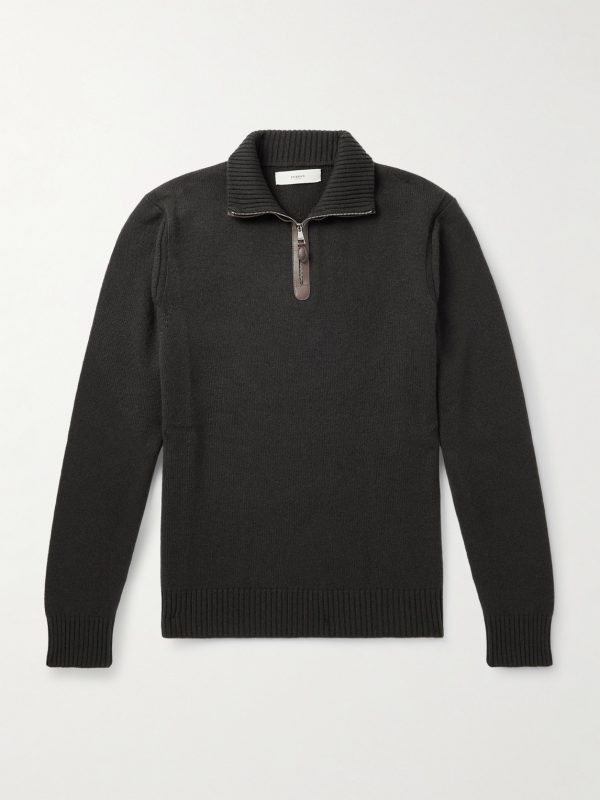 Leather-Trimmed Cashmere Half-Zip Sweater Leather-Trimmed Cashmere Half-Zip Sweater