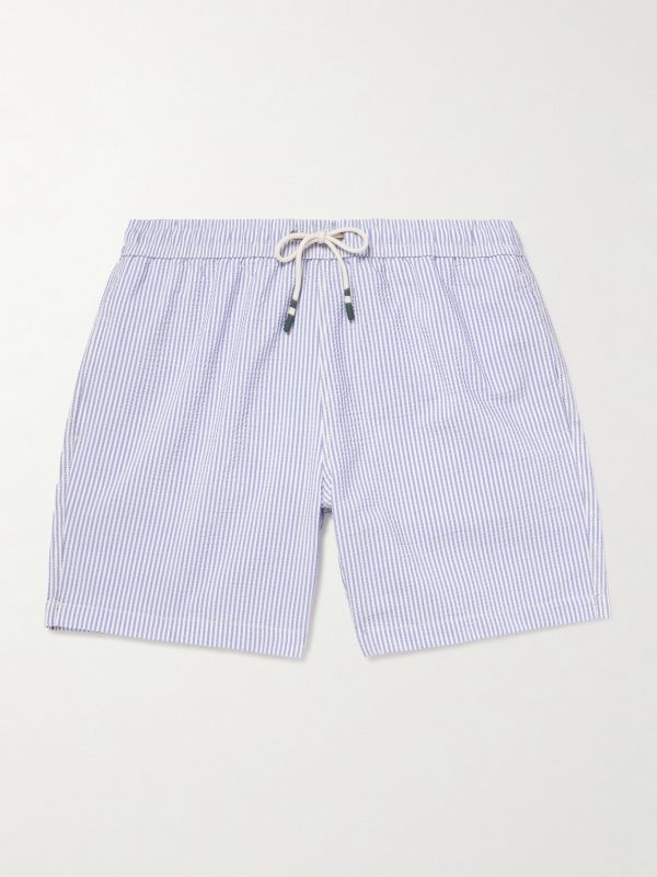 Slim-Fit Mid-Length Striped Seersucker Swim Shorts