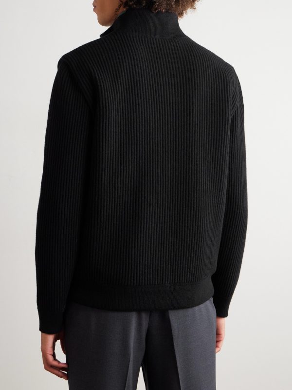 Ribbed Cashmere and Wool-Blend Zip-Up Sweater - BK Ribbed Cashmere and Wool-Blend Zip-Up Sweater - BK