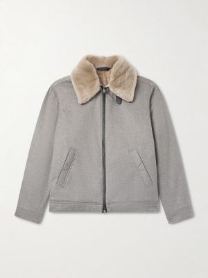 Leather and Shearling-Trimmed Cashmere Bomber Jacket