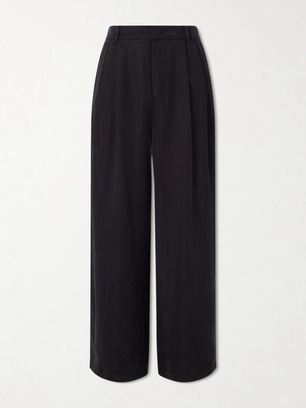 Wide-Leg Pleated Satin Trousers