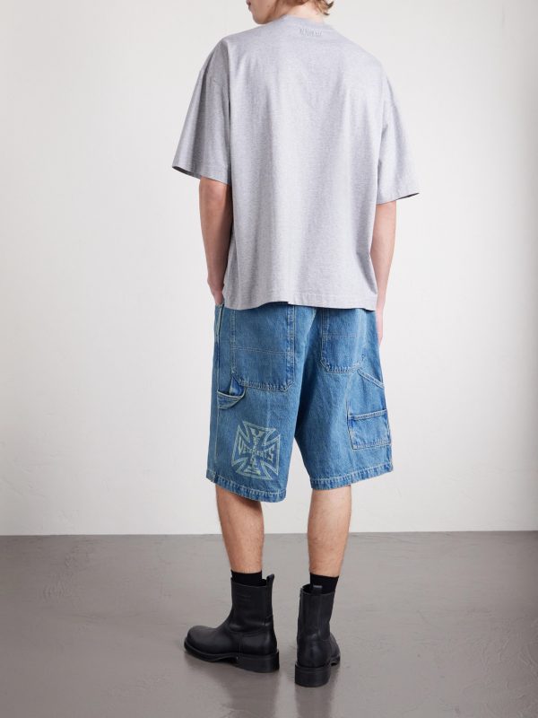 Biker Cross Wide-Leg Embroidered Denim Shorts - BK