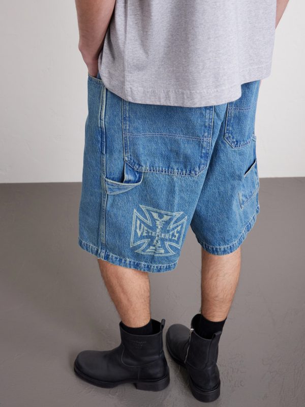 Biker Cross Wide-Leg Embroidered Denim Shorts - CU