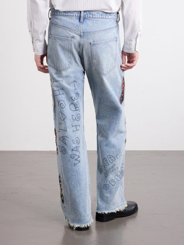 Nessa Wide-Leg Printed Embellished Jeans - BK Nessa Wide-Leg Printed Embellished Jeans - BK