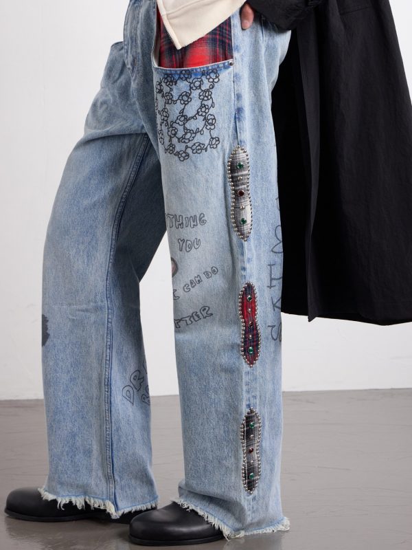 Nessa Wide-Leg Printed Embellished Jeans - CU Nessa Wide-Leg Printed Embellished Jeans - CU