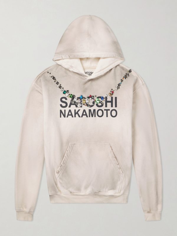 Necklace Logo-Print Embellished Distressed Cotton-Jersey Hoodie