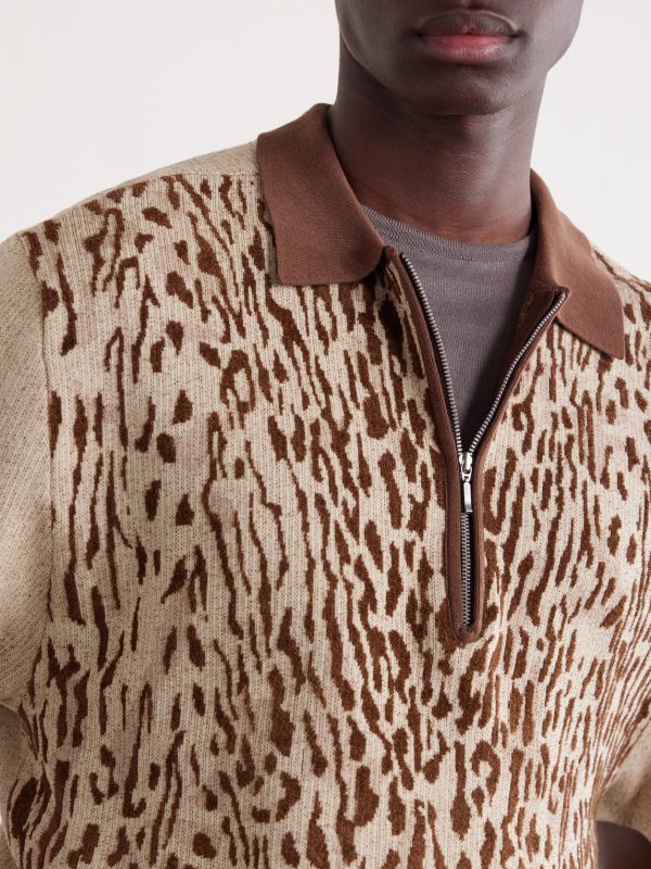 Leopard-Jacquard Cotton-Blend Half-Zip Polo Shirt - CU Leopard-Jacquard Cotton-Blend Half-Zip Polo Shirt - CU
