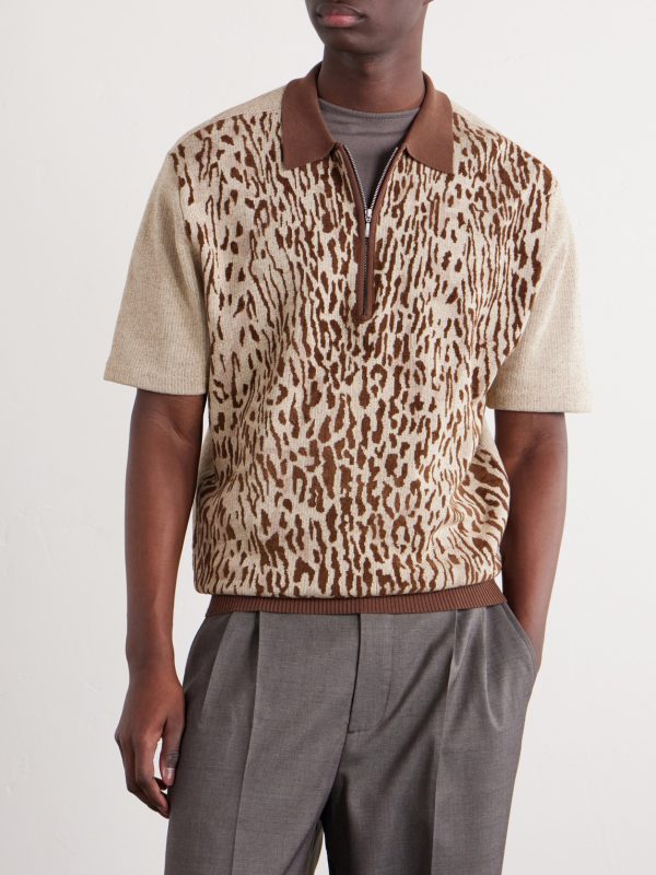 Leopard-Jacquard Cotton-Blend Half-Zip Polo Shirt - FR Leopard-Jacquard Cotton-Blend Half-Zip Polo Shirt - FR