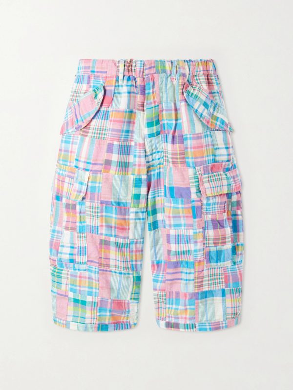 Beach Straight-Leg Patchwork Checked Cotton Cargo Shorts