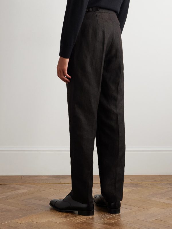 Randwick Straight-Leg Grosgrain-Trimmed Herringbone Linen and Silk-Blend Tuxedo Trousers - BK Randwick Straight-Leg Grosgrain-Trimmed Herringbone Linen and Silk-Blend Tuxedo Trousers - BK