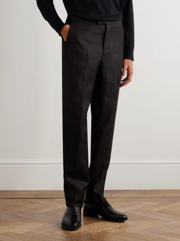 Randwick Straight-Leg Grosgrain-Trimmed Herringbone Linen and Silk-Blend Tuxedo Trousers - FR Randwick Straight-Leg Grosgrain-Trimmed Herringbone Linen and Silk-Blend Tuxedo Trousers - FR
