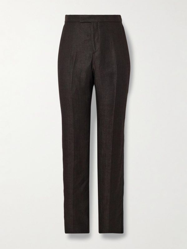 Randwick Straight-Leg Grosgrain-Trimmed Herringbone Linen and Silk-Blend Tuxedo Trousers Randwick Straight-Leg Grosgrain-Trimmed Herringbone Linen and Silk-Blend Tuxedo Trousers