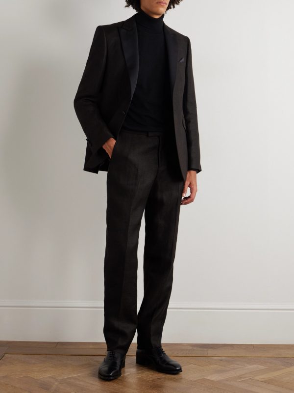 Randwick Straight-Leg Grosgrain-Trimmed Herringbone Linen and Silk-Blend Tuxedo Trousers - OU Randwick Straight-Leg Grosgrain-Trimmed Herringbone Linen and Silk-Blend Tuxedo Trousers - OU