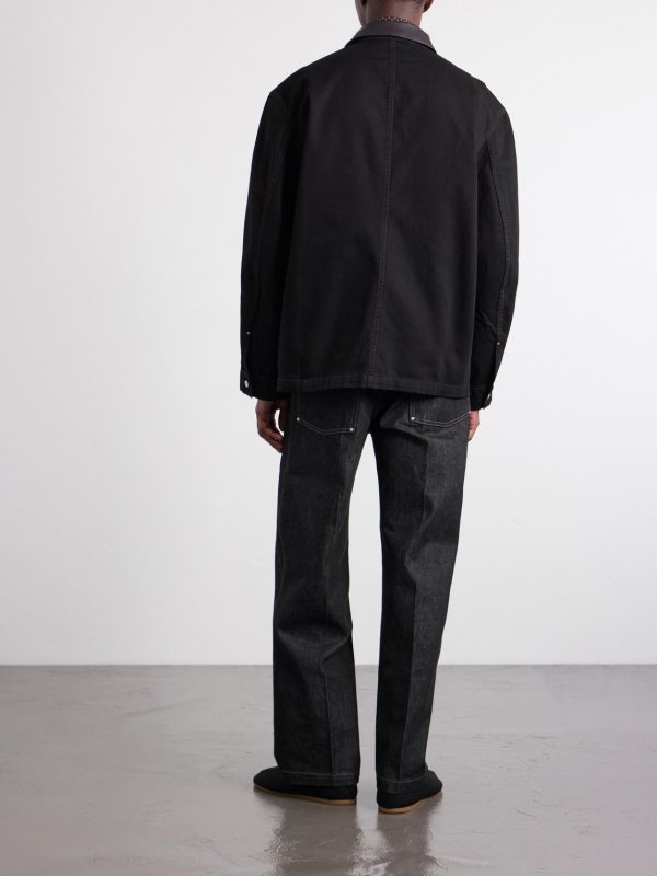 Leather-Trimmed Denim Jacket - BK Leather-Trimmed Denim Jacket - BK