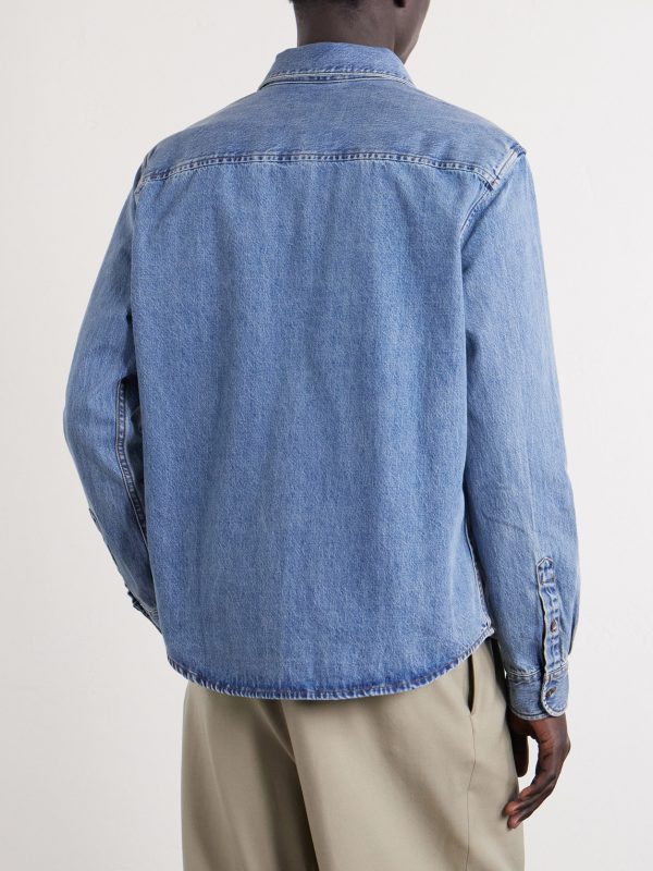 Button-Down Collar Logo-Embroidered Denim Shirt - BK