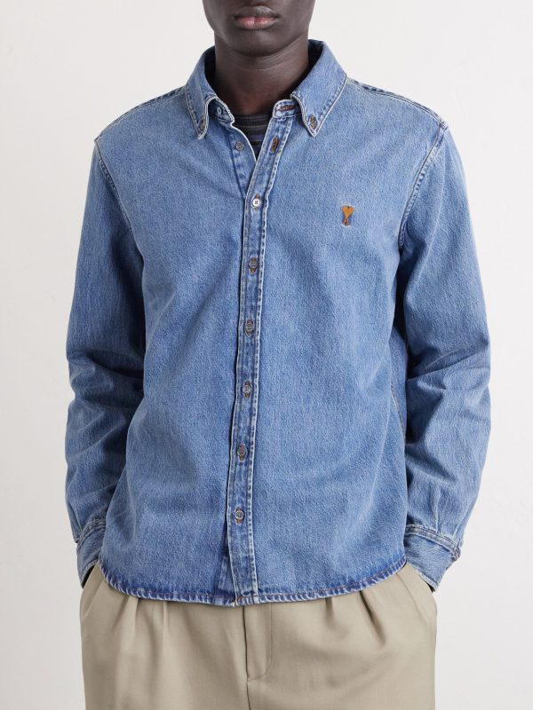 Button-Down Collar Logo-Embroidered Denim Shirt - FR
