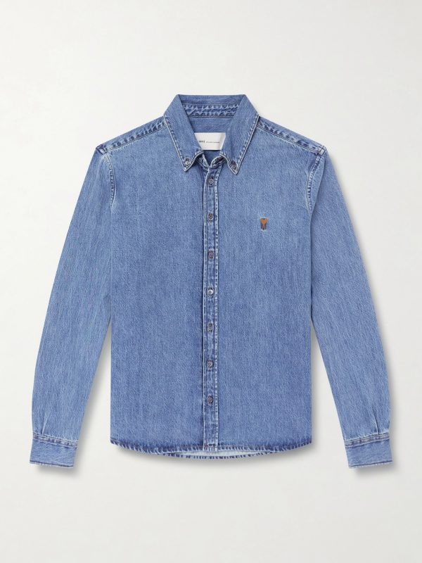 Button-Down Collar Logo-Embroidered Denim Shirt